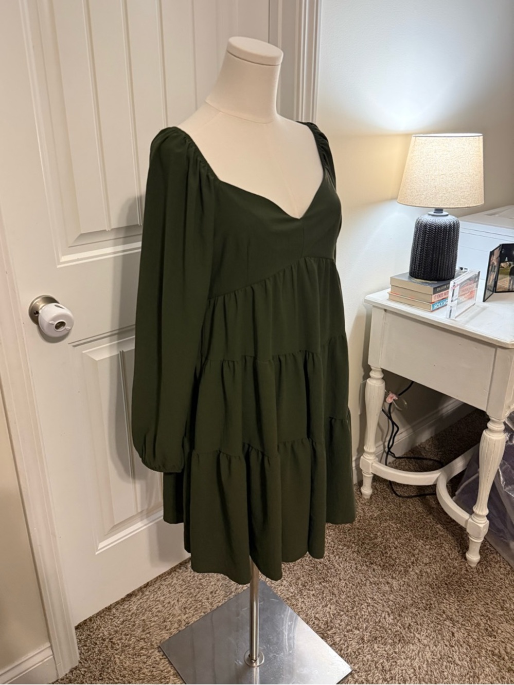 Altar'd State Olive Green Tiered Long-Sleeve Babydoll Dress - Picture 3 of 14